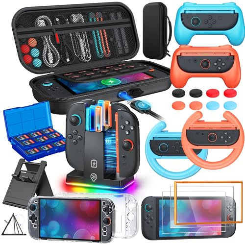 WAXITY [Charge Inside] Switch 2 Case Accessories Bundle for Nintendo 2025,23 in 1 Kits with Carrying Case,Controller Charger,Protective Shell for Joycon/Console,Tempered Glass for Nintendo