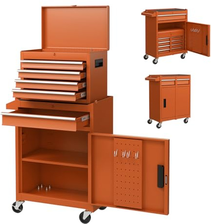 GOPLUS Servante d’Atelier avec Coffre Amovible, 28 x 59 x 102CM, Caisse à Outils Roulant avec 5 Tiroir Verrouillable & Armoire à Étagère Réglable, Poignée Latérale, pour Garage, Atelier (Orange)