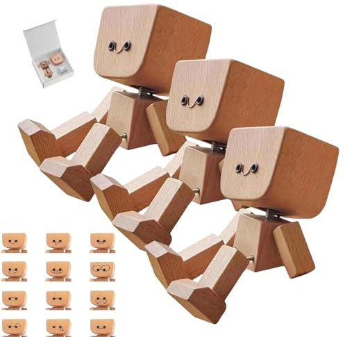 USMEI Wackelfigur Auto, Shaking Wooden Man, Wackelnder Holzmann Holzfigur WackelmäNnchen Auto Mit 12 Magnetischen AusdrüCke Schwank (Type A 3PCS, Without Aromatherapy)