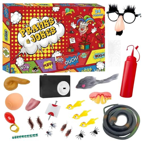 Streiche Adventskalender Set - 24 Weihnachten Countdown Kalender | Partyzubehör Scherz- Und Streichspielzeug,Für Kinder Erwachsene Mädchen Männer Frauen Aprilscherz Halloween Gag Geschenke Homeparty