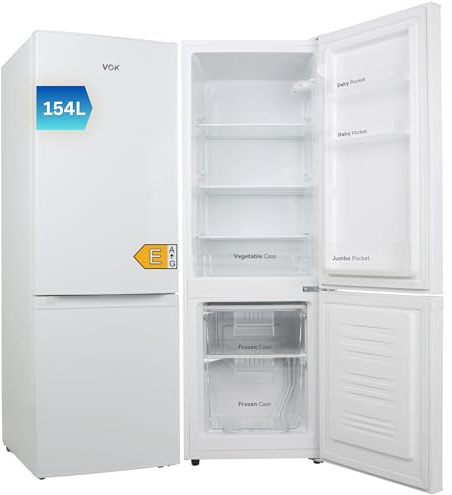 VOK Frigorífico Combi 154L EVR-154DEW, 142 cm Altura x 48,3 cm Ancho, Clase E, Bajo Nivel Sonoro 39 dB, Puerta Reversible, Estanterías Cristal Reforzado, Blanco