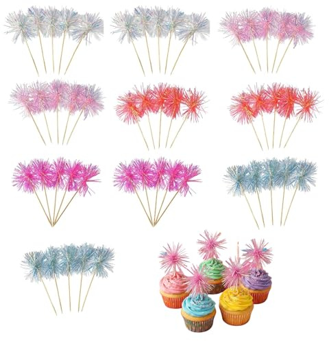 Lot de 50 décorations de gâteau Happy Birthday - 5 couleurs - Feux d'artifice - Décoration de gâteau pour fille - Décoration de cupcake - Pour anniversaire et fête de Noël