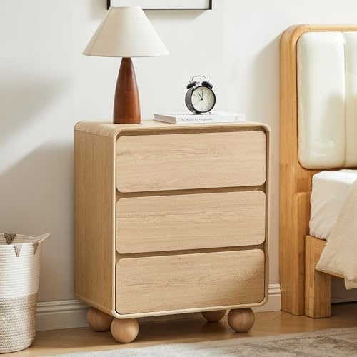 AVZEAR Modern3 Drawer Dresser for Bedroom, Curved Wooden Dresser Chest of Drawers, 3 Drawer Nightstand Closet Clothes Storage Organizer for Kids Bedroom, Living Room, Nursery, Natural