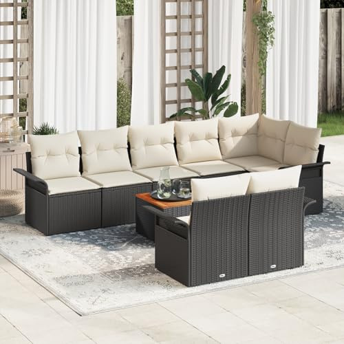 IBUQDDV 9-TLG. Garten-Sofagarnitur mit Kissen Schwarz Poly Rattan, 8 Personen Sitzgruppe für Terrasse Balkon Garten, Wetterfeste Polsterung und Stahlrahmen für Langlebigkeit