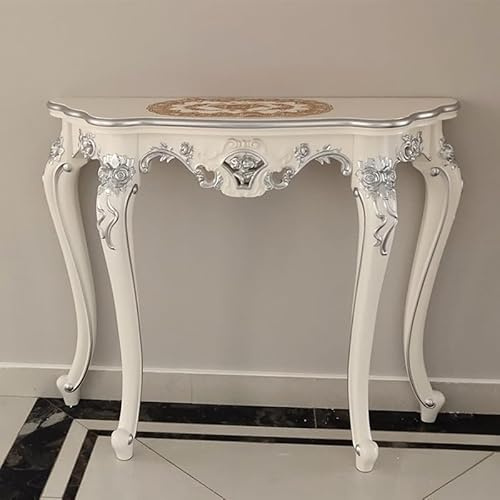 Lyxig Ornate Smal Konsolbord med Handskurna Detaljer, Tunn Ingångssoffbord för vardagsrum, hall, ingång, foyer(White+Sliver,63/160cm)
