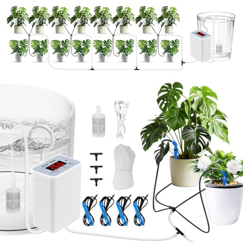 Sistema de riego automático, Sistema de Riego Automático Recargable para 16 plantas en maceta, kits de riego por goteo para plantas de interior