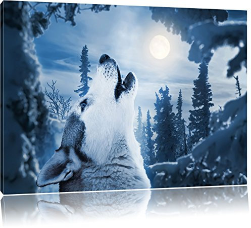 Pixxprint Heulender Wolf vor Mondlicht, Bild, Größe: 60x40cm, Leinwandbild, fertig gespannt, Wandbild, Dekoration, Kunstdruck, kein Poster