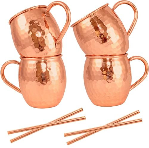 Artisan's Anvil Moscow Mule muggar set med 4 + kopparsugrör fyra massiva 47 ml kopparmuggar presentset – 100% ren hamrad koppar tunnmuggar – handgjorda ofodrade kopparkoppar