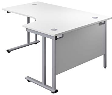 Office Hippo - L Shaped Office Desk 160 x 120cm. Large Corner Computer Desk For Home Office With Integrated Cable Ports, Ideal For Work, Study, Gaming And Hobby Workstation (White/Silver)