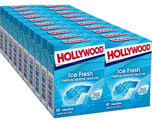 Hollywood Chewing Gum Ice Fresh - Parfum Menthe Fraîche – Sans Sucres avec Édulcorants - Lot de 20 paquets de 10 dragées (14 g)