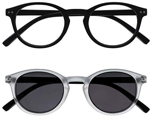 OPULIZE Zen 2er-Pack Lesebrille Mit Sonne Leser Schwarz Kristall Klein Herren Damen RS24-1C +2,50
