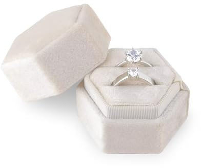 AIEX Ringbox aus Samt, für Schmuck, Doppelschlitze, Sechseck, Ringbox, für Verlobung, Zeremonie, Hochzeit, Valentinstag, mit 2 Ringen (beige)