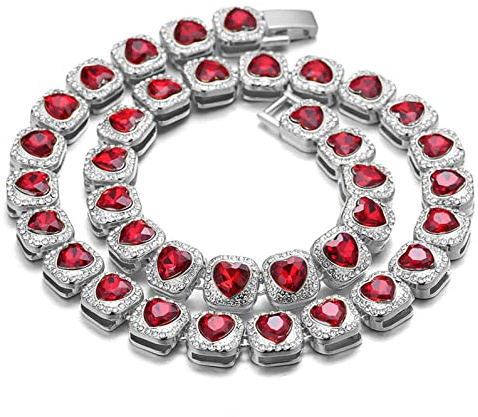 Halukakah Diamant Kubanische Kette für Männer,13MM 18k Echtgold plattiert/Platin überzogen Liebendes Herz Rubin Diamant Halskette Armband,Zinken-Set Labordiamanten,mit Kostenlose Geschenkbox