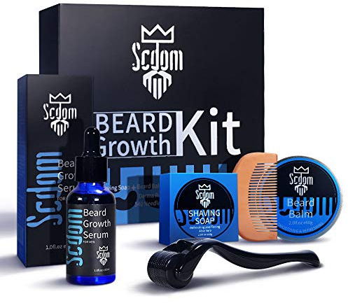 Beard Growth Kit, Scdom Grow a Kit for Men with Titanium Derma Roller + Serum Oil Balm Cleansing Soap Comb, Grooming Tool Best Gift Men/Dad, Black, 1.0 count