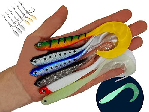Gummifische Hecht und Zander mit Twisterschwanz 6 Stück 12cm 6g | Mit Hakentaschen für Offset Haken und Standard Jigköpfe | Zander Köder Hecht Köder (6er Set mit 6X Offset Jighaken mit Spinnerblatt)