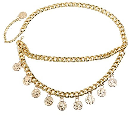Stfery Körperkette Gold, Kettengürtel Retro Taillenkette Vintage Doppellagige Geometrische Münze Bauchkette 99cm Legierung Frauen