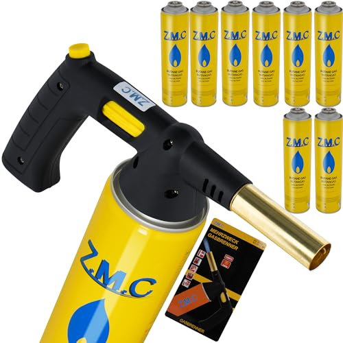 ZMC Gasbrenner 1,5 kW + 8 Gaskartuschen 330g, Flambierbrenner bis zu 1350°C, mit Piezo-Zündung, Bunsenbrenner Lötbrenner, Küchenbrenner mit einstellbare Flamme, Gasanzünder Brenneraufsatz für Camping
