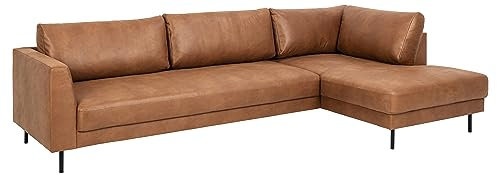 AC Design Furniture Marian Ecksofa mit Chaise Longue für 5 Personen, Polstersofa in Brauner Lederoptik und Schwarzen Metallbeinen, B: 294 x H: 83 x T: 165 cm