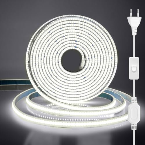 Wisada 220V COB LED Streifen 24M, IP65 LED Band Lichtschlauch Leiste Kette Selbstklebend, 288LEDs/m Flexible Superhell Kaltweiß CRI≥85 LED Lichtband mit Schaltstecker für Weihnachten, Hochzeit
