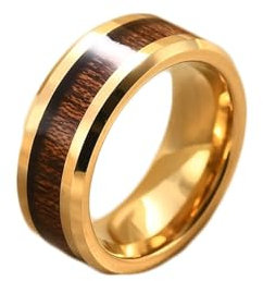 Beydodo Herren Damen Ringe Wolfram, Unisex Ring 8MM mit Braun Holz Bandring Freundschaftsring Ring Personalisiert Gold Gr.57 (18.1)