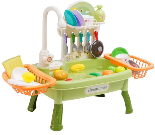 Play Sink with Running Water for Toddlers,Pretend Kitchen Toys for Kids with Tableware Accessories Vegetable Fruit,Pretend Role Dishwasher Toy,Gifts for Boys Girls(Green)