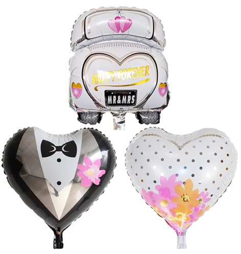 1 Stück Hochzeitsauto-Ballon Mit 2 Stück Herzballons, Folien-Hochzeitsdekorationsballons, Herzförmige Hochzeitsballons, Frischvermählten-Ballons, Braut- Und Bräutigam-Ballons