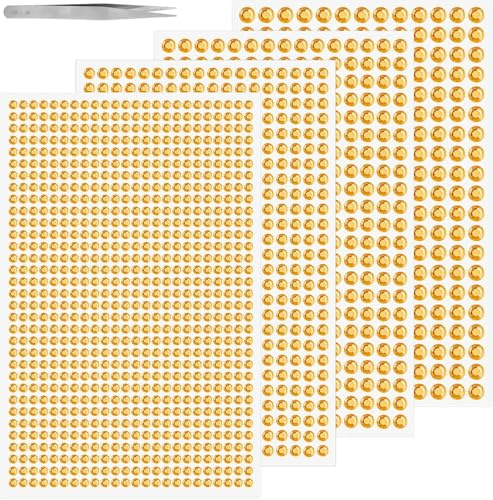 Bkemkri Gelbe Strasssteine, 1 Pinzette, runde Glitzersteine 1752 Stück selbstklebend zum Verzieren und Basteln, Schmucksteine zum aufklebe, Steinchen Dekosteine Bastelsteine Gelb Gold, 3mm 4mm 5mm 6mm