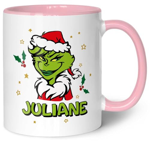 GRAVURZEILE Bedruckte Tasse - Grinch Motiv - Personalisiert mit Namen - Spülmaschinenfest & Mikrowelle geeignet - Weihnachtstasse als Geschenk für Sie & Ihn zu Weihnachten - Farbe: Rosa