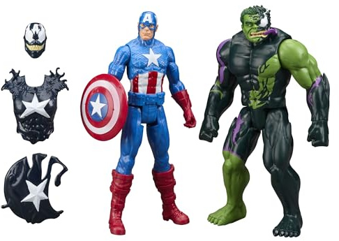 Marvel Avengers Venom Versus Titan Hero Series, Pack Figurines d'action Venomized Captain America et Hulk, 30 cm, Jouets pour Enfants Articulés, Vert, Noir, dès 4 Ans