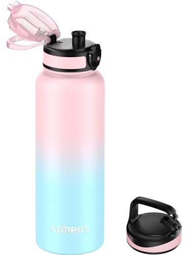 GOPPUS 1.2L/40oz Stainless Water Bottle Double Wall Insulated Bottles with Strap Large Vacuum Thermal Flask Leakproof Keep Cold Drinks Bottles with Flip Top Lid for Men Women BPA Free