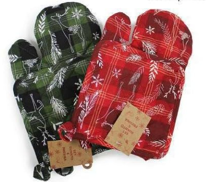 Set Cucina Coordinato Stampato Natale Guantone Presina Tartan Renne 100% Cotone Articolo da Regalo (Fondo Verde)