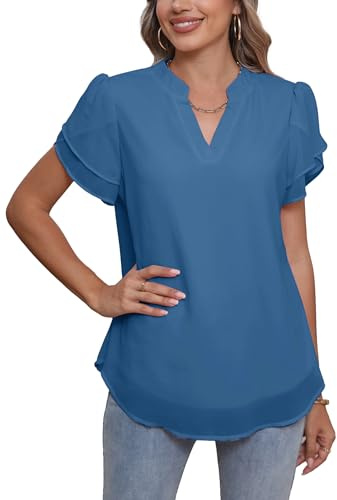 Famulily Camicetta estiva in chiffon con scollo a V e maniche corte a doppio strato per donna, Blu, XXL