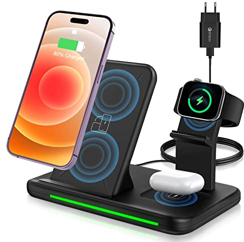 ZOVHYYA Cargador inalámbrico 15W 4 en 1 Carga magnética para Apple y Reloj Samsung Huawei Xiaomi estación de Carga inductiva con Adaptador QC