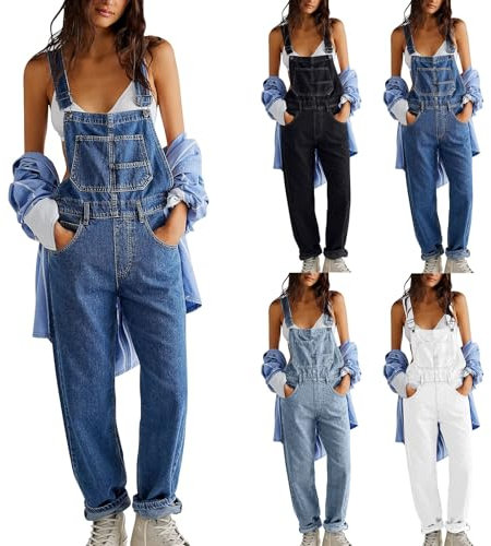 Salopette da donna lunghe, oversize, in jeans, larghi, con bretelle, Bu2, xxl
