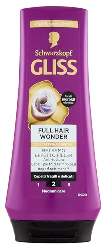 Gliss Schwarzkopf Balsamo Full Hair Wonder Effetto Filler 200 ml, Balsamo Gliss ristrutturante e rinforzante con caffeina e peptidi, Conditioner capelli fragili e delicati con formula vegana