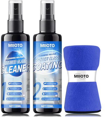 Miioto Spray Nettoyant, Nettoyant Salle de Bain, Nettoyant Contact & Polish, Effet Désembuage, Douche pour Vitres, Douche, Baignoire, Carrelage, Céramique, 240ml (120ml Nettoyage + 120ml Revêtement)