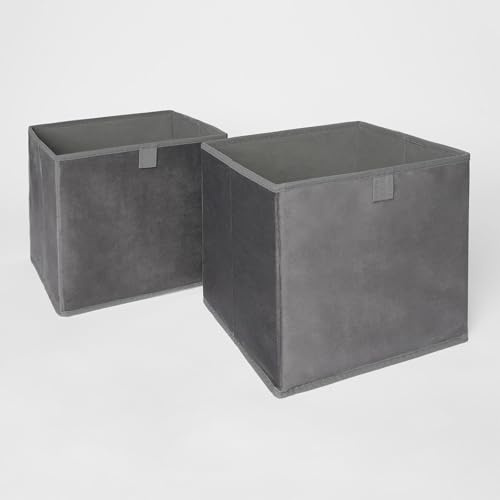 OHS Set of 2 Cube Storage Boxes, Foldable Matte Velvet Storage Baskets Home Organiser Toys Clothing Bathroom Pop Up Collapsible Space Saving Cube Organiser, Charcoal Grey