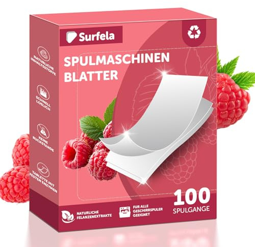 Surfela Diskmaskinsblad, 100 sköljningar, diskremsor med plastfri förpackning, växtbaserad, fosfatfri, med proteas mot proteinrester, hallondoft