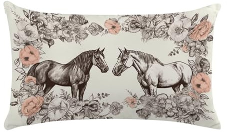 Velvet Pillowcase 12 X 20 Inch, Ultra Soft Breathable Pillow Cases, Luxury Fuzzy Pillow Shams, Flowers and Horses Hand Drawn Throw Pillow Covers Decorative Lumbar Pillow Cover for Couch