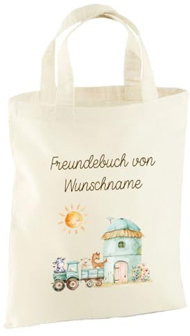 Elefantasie Personalisierte Freundebuch Tasche mit Namen, Baumwolle Stofftasche, Motiv Bauernhof, Natur, 26x32 cm