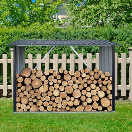 KEIKI 3x7 FT Outdoor Metal Firewood Rack with Sloped Roof, Open Air Woodshed Storage Shelter for Firewood, Pellets and Lumber