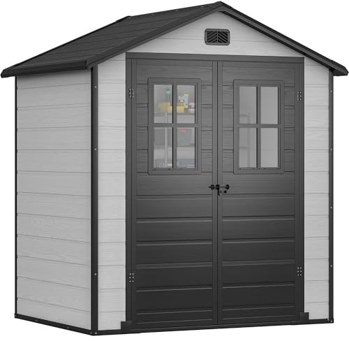 DWVO Gerätehaus Kunststoff 203x147x207 cm, Gartenschuppen mit Doppelwand & Fenstern, Wetterfester Aufbewahrungsschuppen für Rasenmäher, Gartengeräte & Fahrrad, Abschließbar,Grau & Schwarz