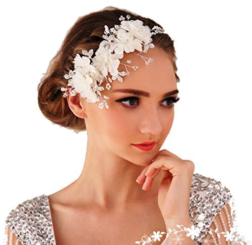 Miya® 1Stück MEGA Glamour Haarband Haarreif mit super schöne sanft Tüll Blumen, Spitzen Lace Blumen mit klare Kristall Perle, Braut Schmuck Hochzeit Jugendweihe Haarschmuck (cc12)