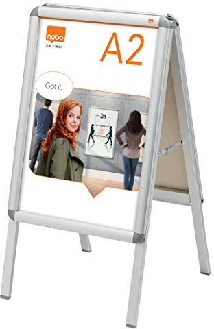 Nobo Premium Plus Plakatständer mit Klapprahmen, Größe A2, Freistehend, Doppelseitig, Aluminiumrahmen, Entspiegelte Kunststoff-Abdeckung, Silber, 1902207