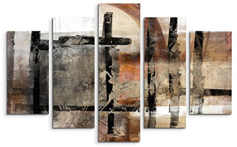 Paul Sinus Art 5 teiliges Wandbild auf Leinwand (Gesamt: H: 100cm B: 160cm) Keilrahmenbild Canvas Fotodruck Leinwandbild Leinwanddruck Kunstdruck Wandbild braun schwarz beige weiß Striche Viereck