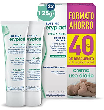 Eryplast Pasta al Agua 2x125gr Pack Ahorro 2ªunidad 40%dto - Crema de Pañal para Bebé. Calma, Cuida y Protege la Piel contra Dermatitis de Pañal – Hipoalergénico, Sin Perfume y Testado Pediátricamente