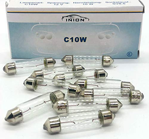 INION 10x Stück – C10W - 41mm - S8.5-12V - 10W - SV8.5-8 - KFZ Beleuchtung - LONGLIFE - Glühlampe Glassockellampe Glühbirne Soffitte Autolampen WERKSTATTWARE