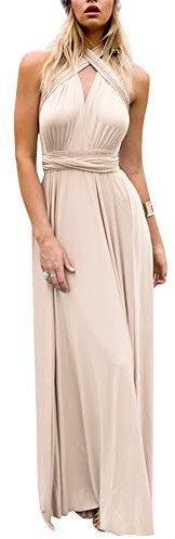 Damen Elegant Brautjungfernkleid Multiway V-Ausschnitt Rückenfrei Partykleid Ärmellos Schulterfrei Bodenlang Cocktailkleid Sommerkleid Formal Festlich Abendkleid Abschlussball Ballkleid Aprikose XS