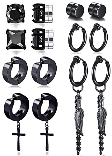 Ofeiyaa 7 Pairs Magnetic Stud Earrings Stainless Steel CZ Clip On Earring Non-Piercing Huggie Hoop Earring Chain Feather Pendant Drop Dangle Earrings Set For Women Men Black Silver Tone