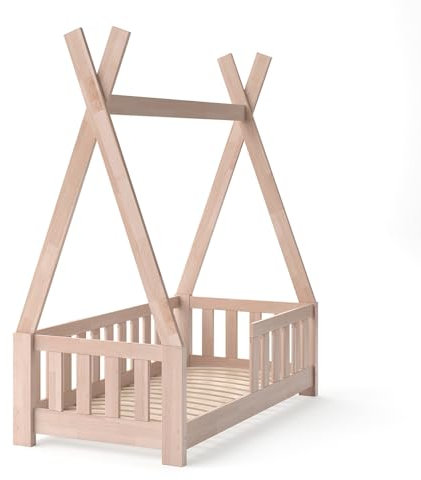VitaliSpa Tipi-Bett Tipi, Kinderbett Tipi, Naturholz, 70x140 cm mit Zaun